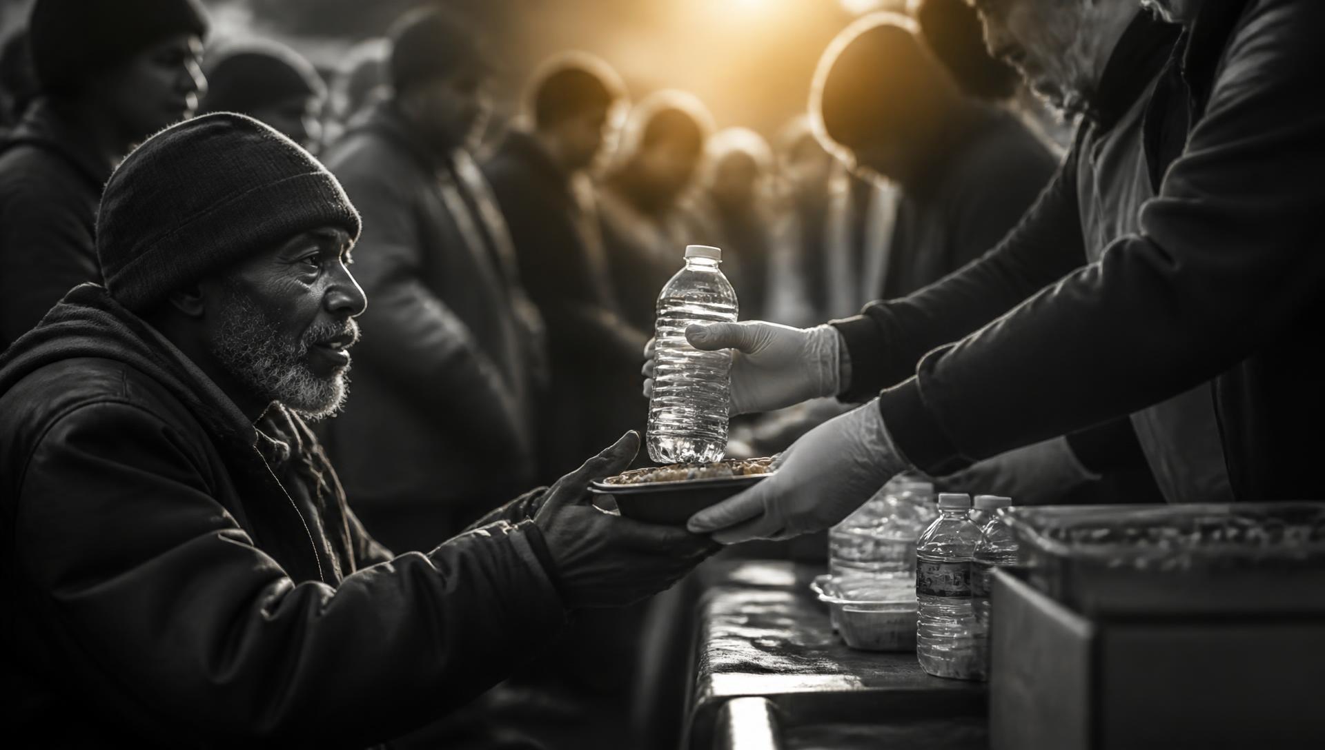 Volunteers sharing food and water with the less fortunate